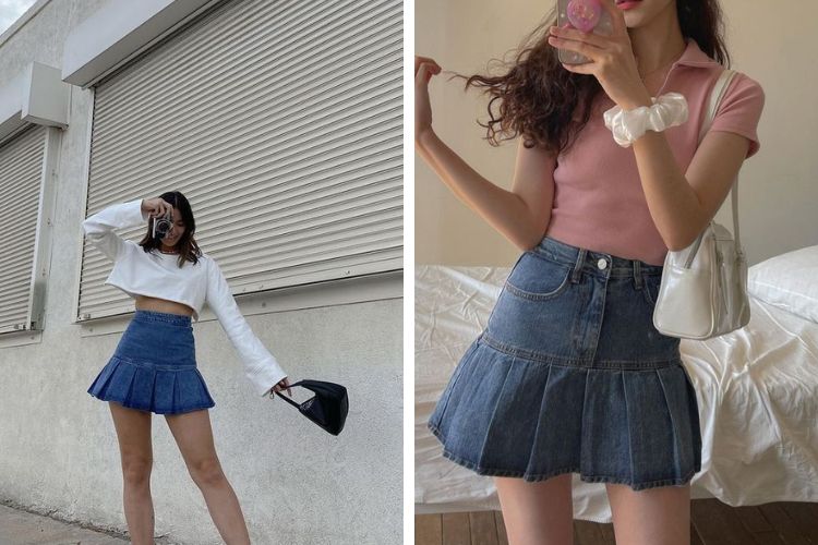 chân váy jean xếp ly